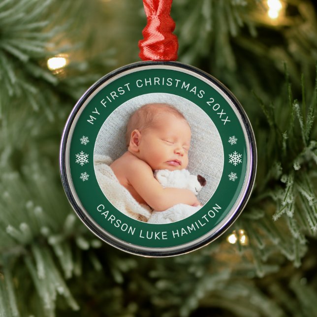 My First Christmas Green Personalized Baby Photo Metal Ornament (Tree)