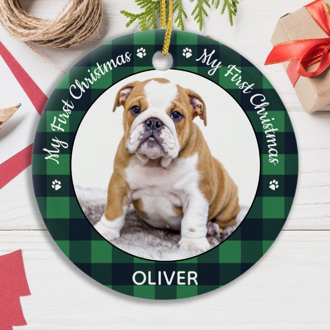 My First Christmas Green Plaid Dog Puppy Pet Photo Ceramic Ornament (Creator Uploaded)