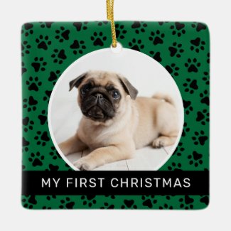 My First Christmas Green Puppy Dog Photo Custom Ceramic Ornament