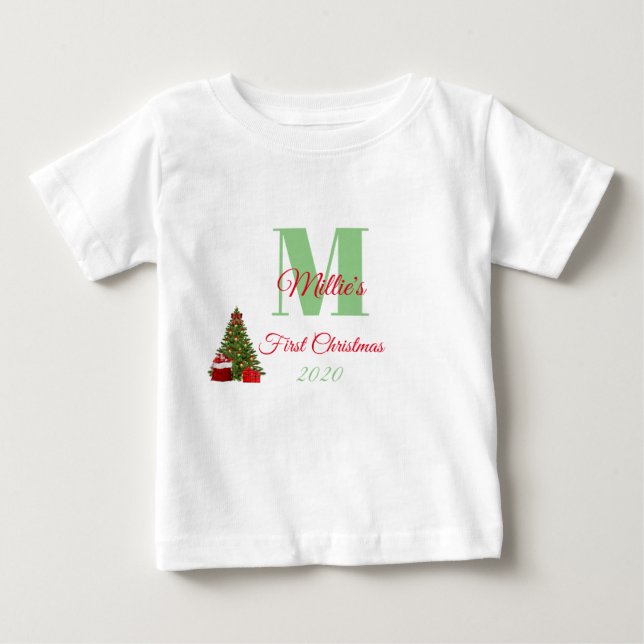 My First Christmas Green Red Tree Editable Baby T-Shirt (Front)