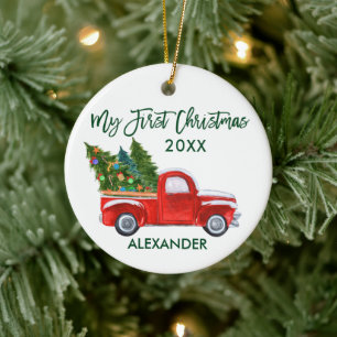 My First Christmas Green Script Vintage Truck Baby Ceramic Ornament