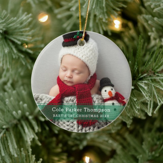 My First Christmas Green Stripe Custom Baby Photo Ceramic Ornament (Tree)