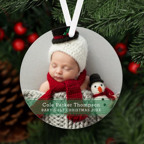 My First Christmas Green Stripe Custom Baby Photo Ornament