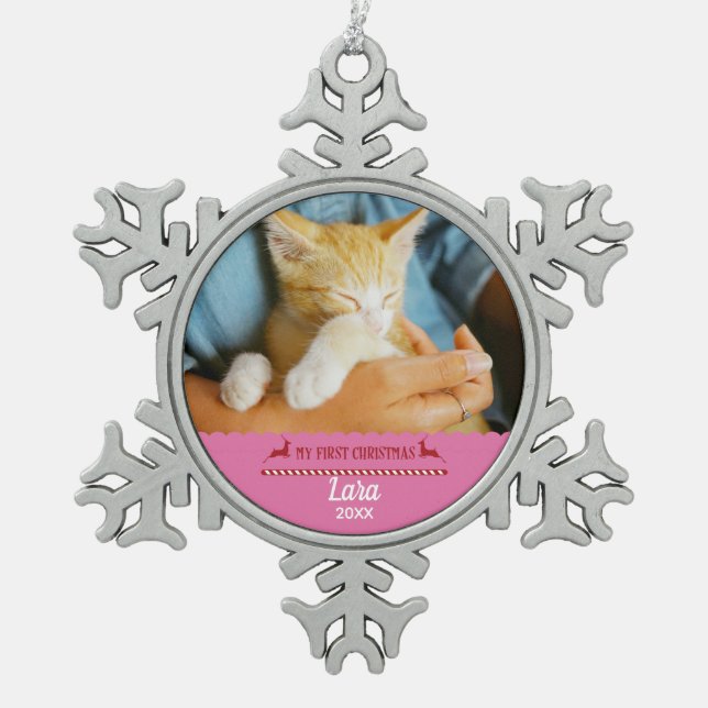 My First Christmas Kitty Custom Photo Snowflake Pewter Christmas Ornament (Front)