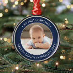 My First Christmas Modern Baby Photo Navy & White Metal Ornament<br><div class="desc">Celebrate the simple joys of your newest family member with a navy blue and white custom photo new baby boy round metal ornament. Wording and picture on this template are simple to personalize. "My First Christmas" quote is easy to change in case it's needed for another occasion. (IMAGE & TEXT...</div>