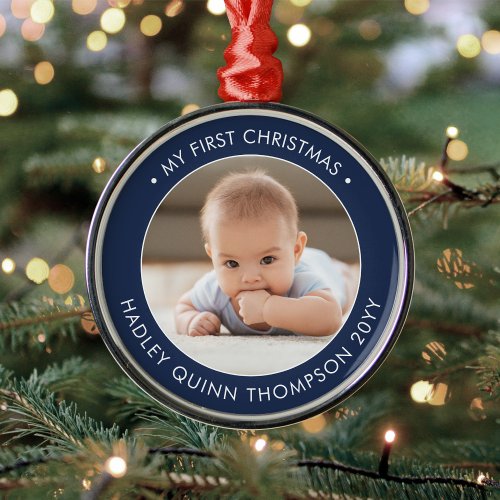 My First Christmas Modern Baby Photo Navy  White Metal Ornament