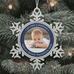 My First Christmas Modern Baby Photo Navy & White Snowflake Pewter Christmas Ornament<br><div class="desc">Celebrate the simple joys of the holiday season with a stylish navy blue and white custom photo round metal snowflake Christmas ornament. Wording and picture on this template are simple to personalize. "My First Christmas" quote is easy to change in case the ornament is for another occasion. (IMAGE & TEXT...</div>