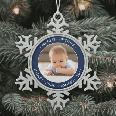 My First Christmas Modern Baby Photo Navy & White Snowflake Pewter