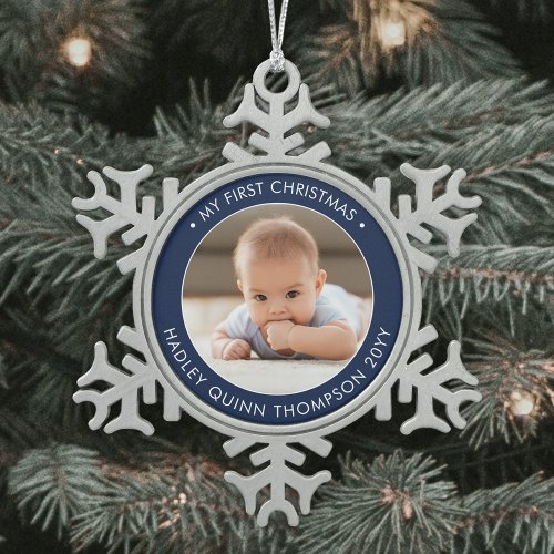 My First Christmas Modern Baby Photo Navy  White Snowflake Pewter Christmas Ornament