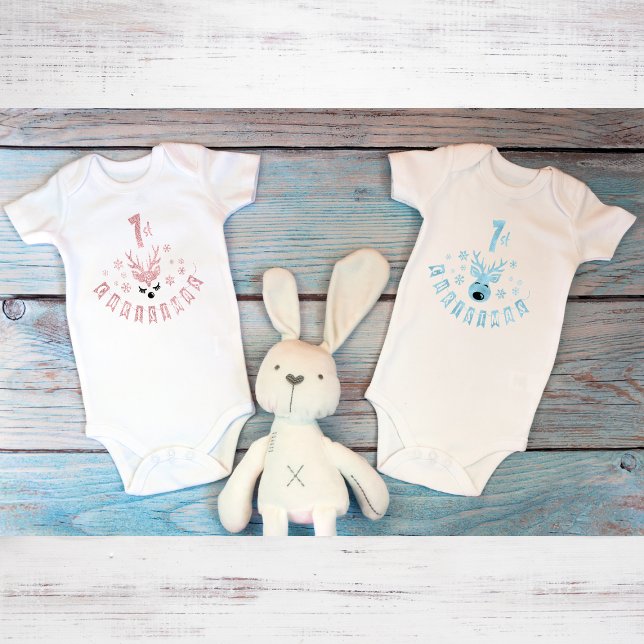 My First Christmas Modern Blue and White Reindeer Baby Bodysuit (Creator Uploaded)