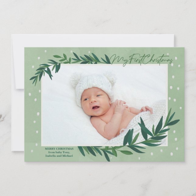  My First Christmas Modern Botanical Baby Photo Holiday Card (Front)