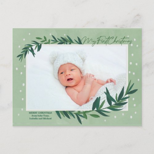  My First Christmas Modern Botanical Baby Photo  Holiday Postcard