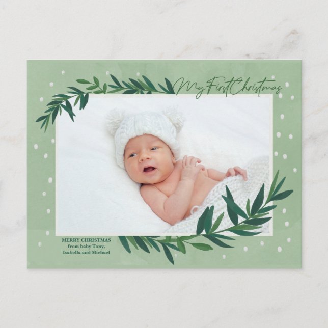  My First Christmas Modern Botanical Baby Photo  Holiday Postcard (Front)