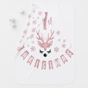 My First Christmas Modern Pink and White Reindeer Baby Blanket