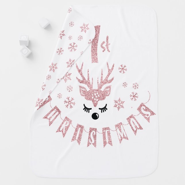 My First Christmas Modern Pink and White Reindeer Baby Blanket (In Situ)