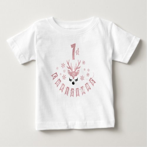 My First Christmas Modern Pink and White Reindeer Baby T_Shirt