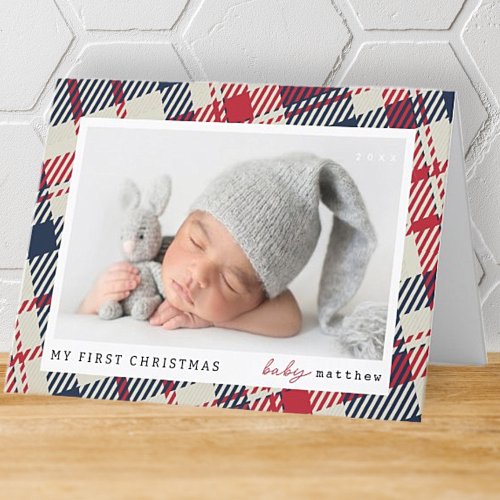 My First Christmas Modern Plaid Baby Photo Holiday Card