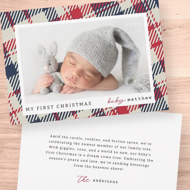 My First Christmas Modern Plaid Baby Photo Holiday Card (Creator Uploaded)