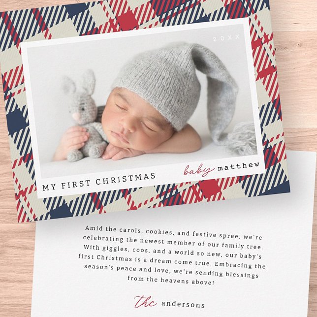 My First Christmas Modern Plaid Baby Photo Note Card (Creator Uploaded)