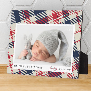 My First Christmas Modern Plaid Baby Photo Plaque