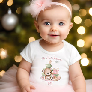 My First Christmas Name Bear Pink Christmas Tree Baby T-Shirt