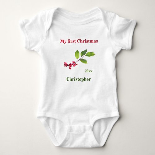My first Christmas name year holly berry T_Shirt Baby Bodysuit