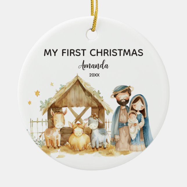 My First Christmas Nativity Family Personalized Ceramic Ornament (Front)