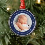 My First Christmas Navy Personalized Baby Photo Metal Ornament<br><div class="desc">Personalize this modern and elegant 'My First Christmas' ornament with your baby boy's photo,  his full name,  and the year of her birth. Elegant navy blue and white round-shaped text and snowflake accents beautifully frames his photo. Photo tip: crop photo to a square format before uploading to the site.</div>