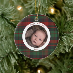 My First Christmas New Baby Plaid Photo Holiday Ceramic Ornament
