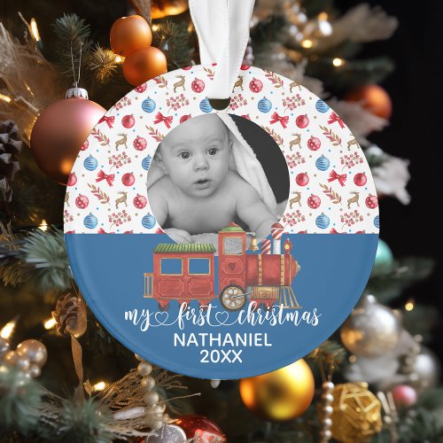 My First Christmas New Baby Train Watercolor Photo Ornament