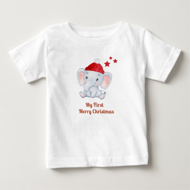 My first Christmas new born babies- Santa elephant Baby T-Shirt (Front)