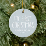 My first Christmas newborn baby personalized photo Ceramic Ornament<br><div class="desc">Celebrate and commemorate baby's first Christmas with this sweet and simple photo ornament. Featuring "my first Christmas" in playful type on a snowy background, this cute ornament also has room for custom text for the name and year and also a photo on the reverse side. This first Christmas ornament makes...</div>