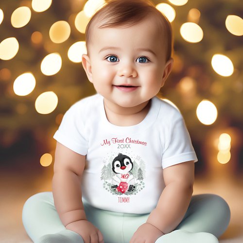 My First Christmas Penguin Personalized Name Baby T_Shirt