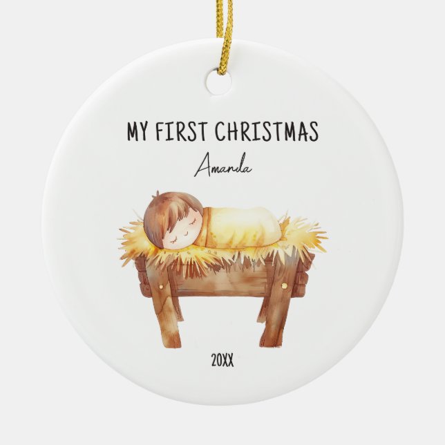 My First Christmas Personalized Baby in Manger Ceramic Ornament (Front)