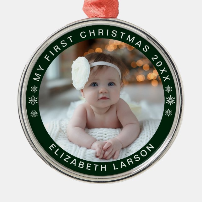 My First Christmas Personalized Baby Photo Green Metal Ornament (Front)