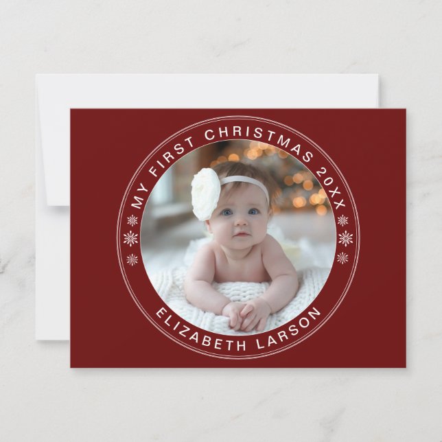 My First Christmas Personalized Baby Photo Red Holiday Card (Front)