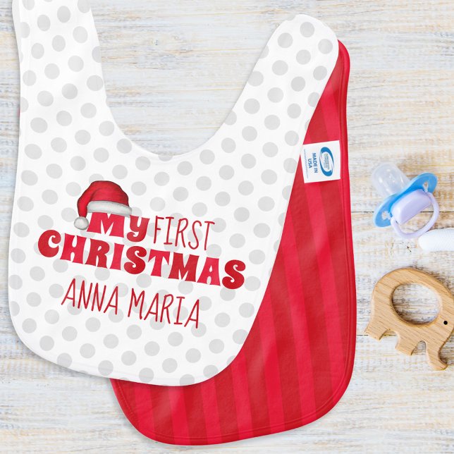 My First Christmas Personalized Cute Baby Bib (My First Christmas Cute Custom Red and White Baby Bib.)