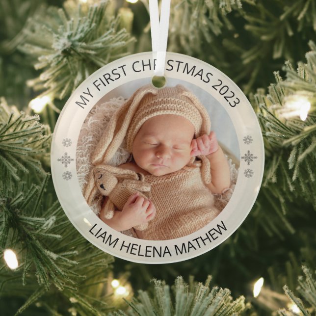 My First Christmas Personalized Elegant Baby Photo Glass Ornament (Insitu)