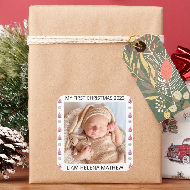 My First Christmas Personalized Elegant Baby Photo Square Sticker (Holiday)