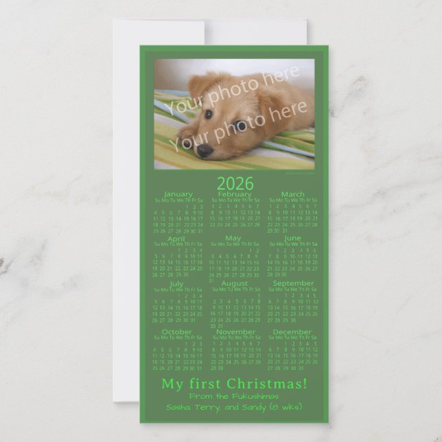 My First Christmas Pet Photo 2026 Calendar Green Holiday Card (Front)