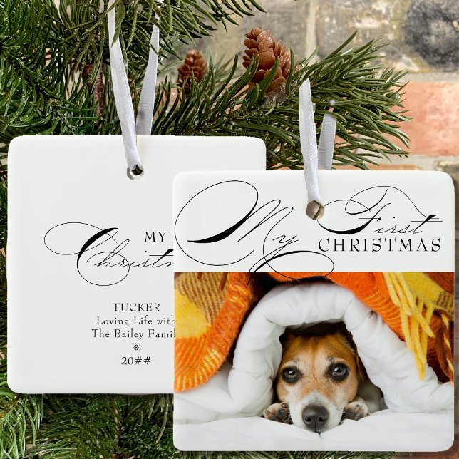 My First Christmas Pet Photo Elegant Calligraphy Ceramic Ornament (Creator Uploaded)