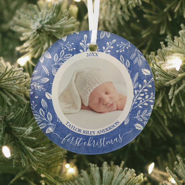 My First Christmas Photo Blue Glass Ornament (Insitu)