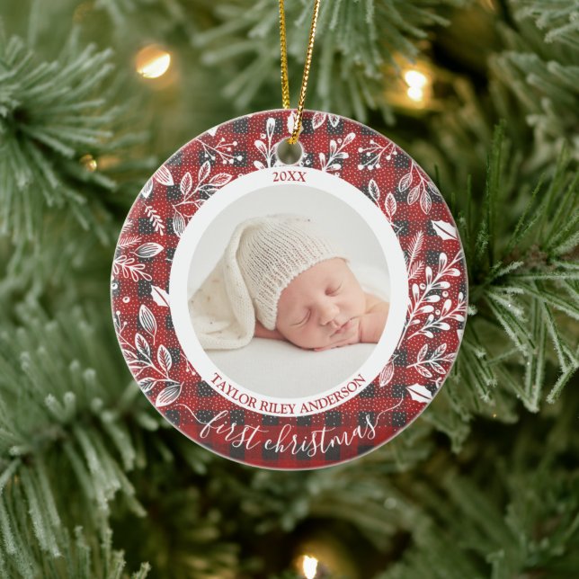 My First Christmas Photo Buffalo Plaid Ceramic Ornament (Tree)