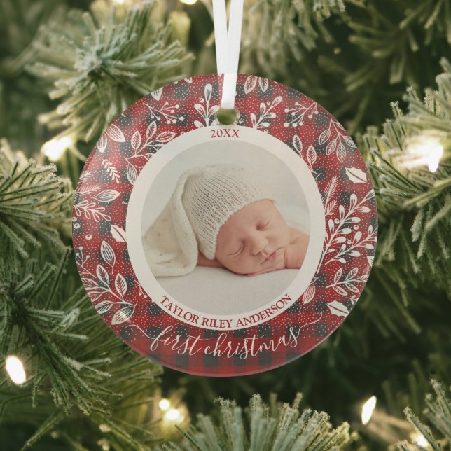 My First Christmas Photo Buffalo Plaid Glass Ornament (Insitu)