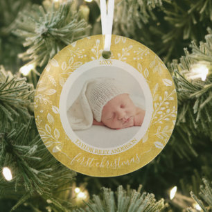 My First Christmas Photo Gold Glass Ornament