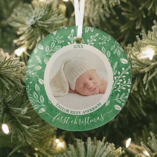 My First Christmas Photo Green Glass Ornament