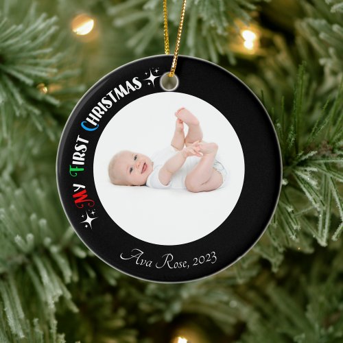 My First Christmas Photo Name Custom Black Colors Ceramic Ornament