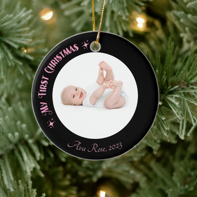 My First Christmas Photo Name Custom Modern Pink Ceramic Ornament (Creator Uploaded)