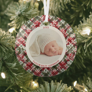 My First Christmas Photo Plaid Glass Ornament