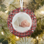 My First Christmas Photo Plaid Metal Ornament<br><div class="desc">Round metal tree ornament features the year, your baby's name and the words First Christmas and your favorite baby photo surrounded with white leaves, berries and dots on a buffalo plaid background on the front and back. TIP: Upload a high resolution photo that features your baby in the middle -...</div>